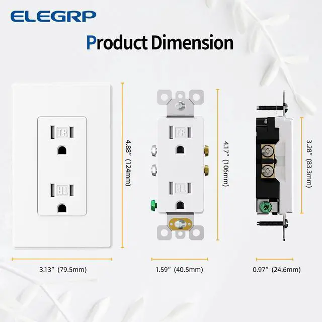 Alt view image 7 of 7 - ELEGRP Matte White Decorator Wall Receptacle Outlets, Tamper Resistant 15 Amp Standard Electrical Wall Outlet, Residential Grade, Self-grounding, 125V, Mid Size Wall Plate Included, UL Listed, 10 Pack
