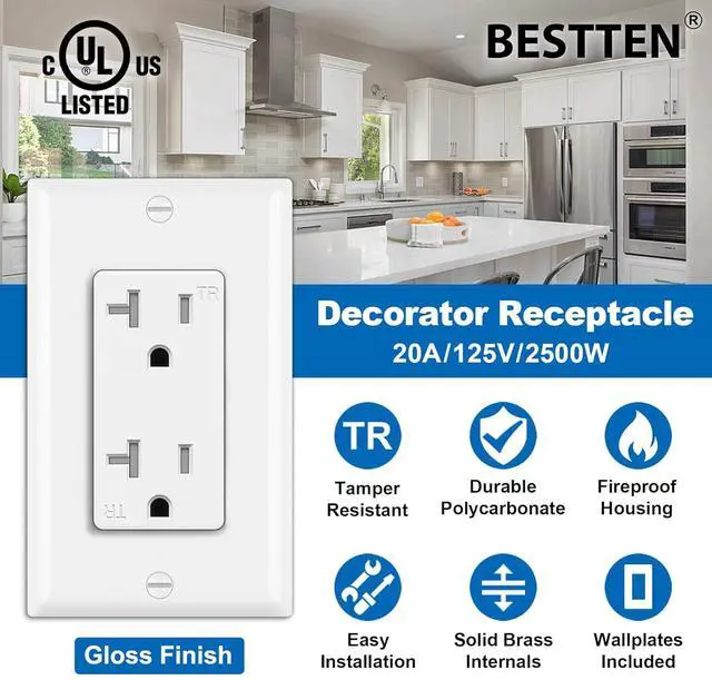 Alt view image 2 of 7 - BESTTEN 20 Pack 20 Amp Decor Wall Receptacle Outlet, 20A Tamper-Resistant (TR) Electrical Outlet with Wallplate, Residential and Commercial Use, UL Listed, White