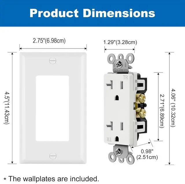 Alt view image 7 of 7 - BESTTEN 20 Pack 20 Amp Decor Wall Receptacle Outlet, 20A Tamper-Resistant (TR) Electrical Outlet with Wallplate, Residential and Commercial Use, UL Listed, White