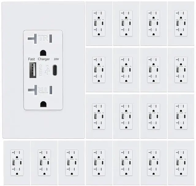 Main image of USB Wall Outlet, Charger Outlets Receptacles with 4.2A USB C Ports, 20 Amp Duplex Tamper Resistant Receptacle Plug with Electrical Outlet, Wall Plate Included, ETL ListedWhite, 20 Pack