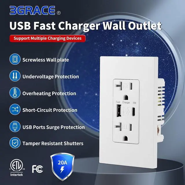 Alt view image 4 of 7 - USB Wall Outlet, Charger Outlets Receptacles with 4.2A USB C Ports, 20 Amp Duplex Tamper Resistant Receptacle Plug with Electrical Outlet, Wall Plate Included, ETL ListedWhite, 10 Pack
