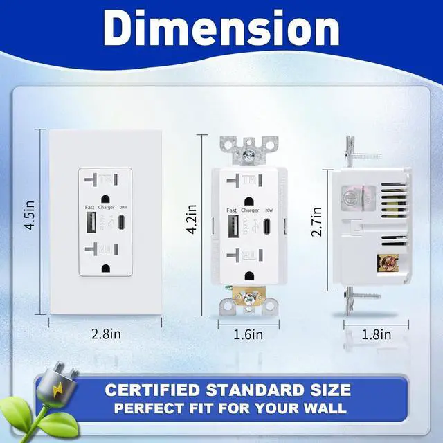 Alt view image 5 of 7 - USB Wall Outlet, Charger Outlets Receptacles with 4.2A USB C Ports, 20 Amp Duplex Tamper Resistant Receptacle Plug with Electrical Outlet, Wall Plate Included, ETL ListedWhite, 10 Pack