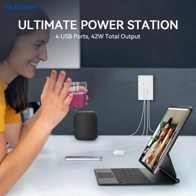 Alt view image 2 of 6 - ELEGRP 42W Fast Charge & Power Delivery 4-Port USB Charger, Wall Outlet with 4 USB Ports, UL/CUL Listed, Wall Plate Included, 2 Pack, Matte White