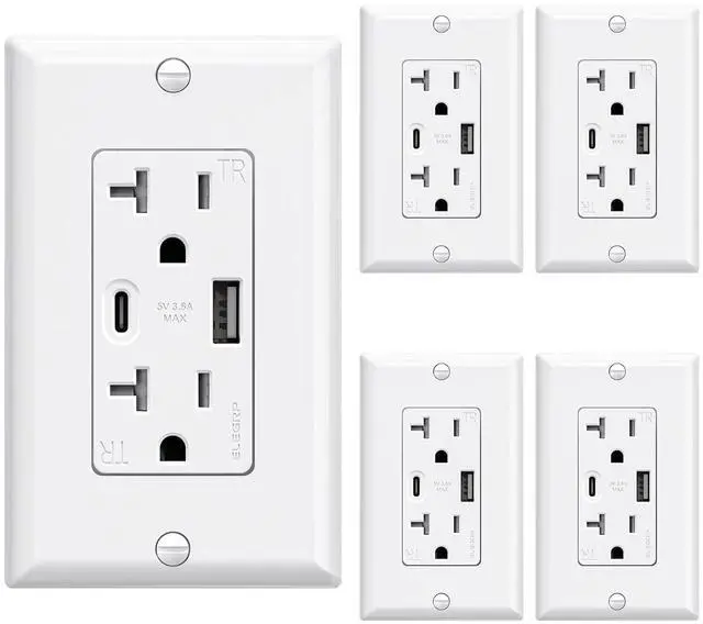 Main image of ELEGRP USB Wall Outlets, 20 Amp USB C Wall Outlets Receptacles, Outlets with USB A and USB C Ports, Tamper Resistant Receptacle, Wall Plate Included, UL Listed, 5 Pack, White
