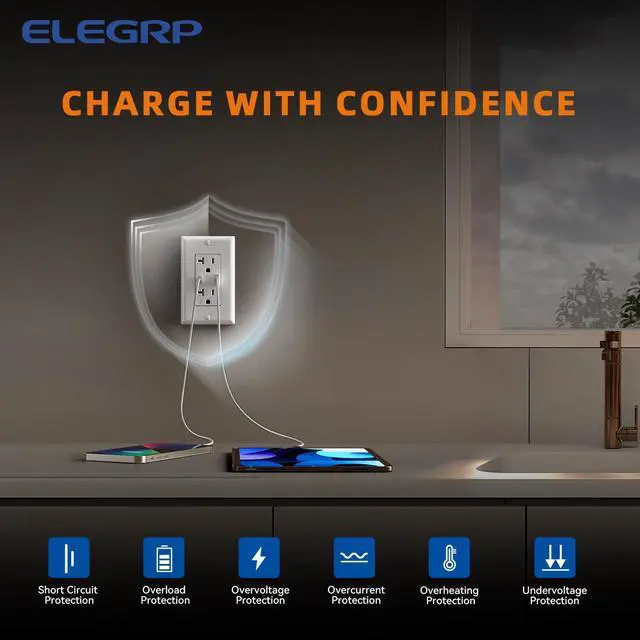 Alt view image 6 of 7 - ELEGRP USB Wall Outlets 12 Pack, 20 Amp USB C Wall Outlets Receptacles, Outlets with USB A and USB C Ports, Tamper Resistant Receptacle, Wall Plate Included, UL Listed, White