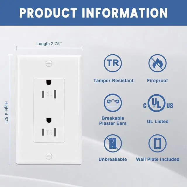 Alt view image 2 of 7 - ThunderWay Decorator Wall Receptacle Outlet, Child-Safe Tamper-Resistant, Residential and Commercial Use, Wallplate Included, 15A/125V, 2 Pole 3 Wire, UL Listed, White (10 Pack)