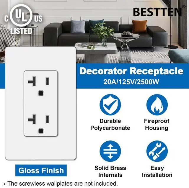 Alt view image 2 of 7 - BESTTEN 10 Pack 20 Amp Decorator Wall Receptacle Outlet, Non-Tamper-Resistant, 20A/125V/2500W, Residential and Commercial Use, UL Listed, White