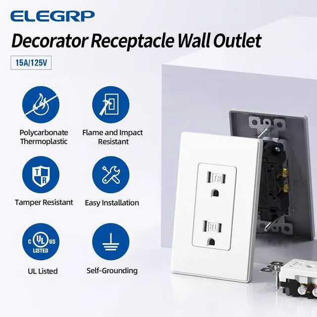 Alt view image 2 of 7 - ELEGRP Matte White Decorator Wall Receptacle Outlets, Tamper Resistant 15 Amp Standard Electrical Wall Outlet, Residential Grade, Self-grounding, 125V, Mid Size Wall Plate Included, UL Listed, 10 Pack