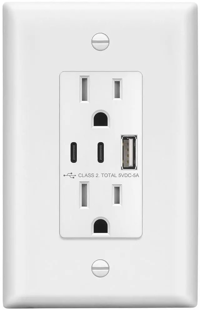 Main image of LIDER 5.0A 25W USB Wall Outlet, Duplex Tamper-Resistant Receptacle, USB Type-A, 2 USB Type-C Charging Ports, Interchangeable Face Cover, Modern Upgrade, UL Listed, Wall Plate Included, White