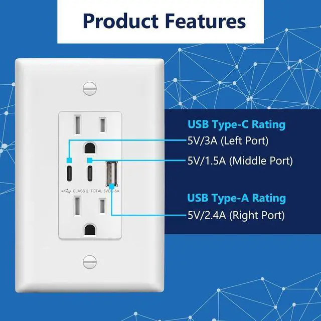 Alt view image 2 of 7 - LIDER 5.0A 25W USB Wall Outlet, Duplex Tamper-Resistant Receptacle, USB Type-A, 2 USB Type-C Charging Ports, Interchangeable Face Cover, Modern Upgrade, UL Listed, Wall Plate Included, White