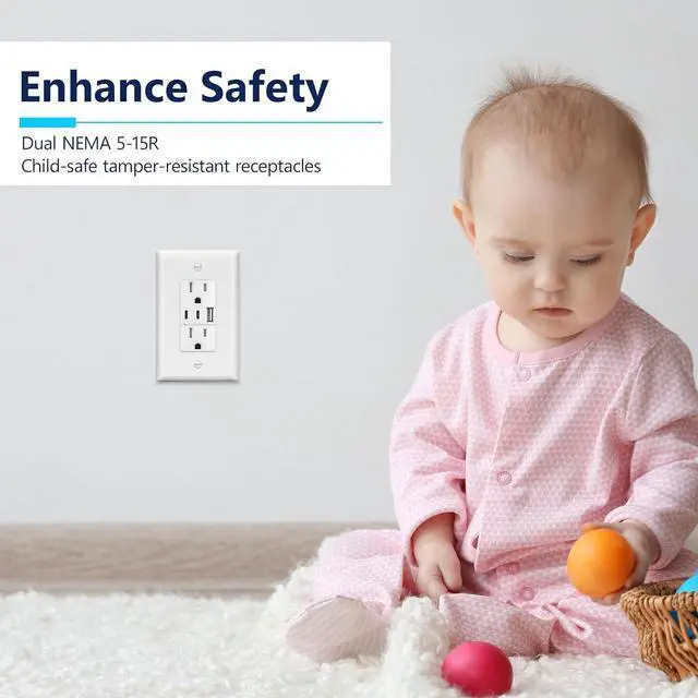 Alt view image 3 of 7 - LIDER 5.0A 25W USB Wall Outlet, Duplex Tamper-Resistant Receptacle, USB Type-A, 2 USB Type-C Charging Ports, Interchangeable Face Cover, Modern Upgrade, UL Listed, Wall Plate Included, White