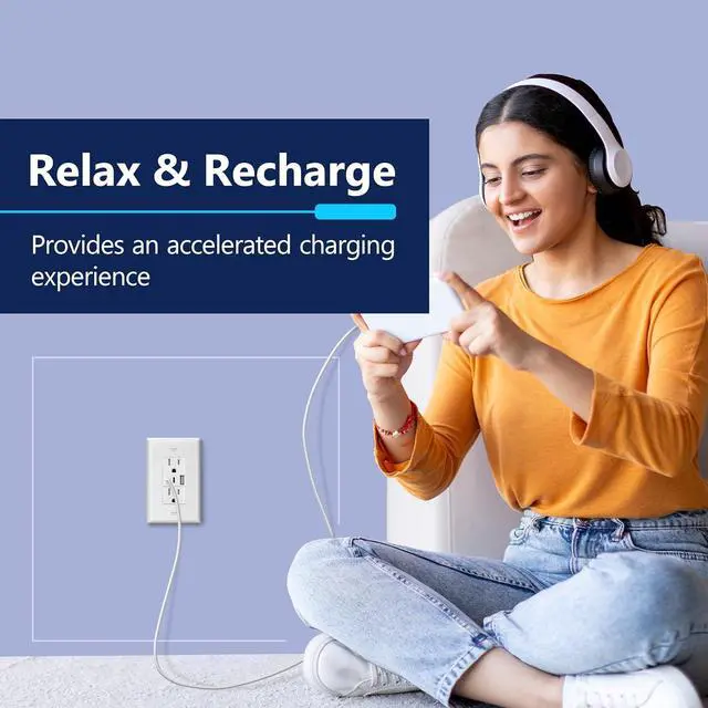 Alt view image 4 of 7 - LIDER 5.0A 25W USB Wall Outlet, Duplex Tamper-Resistant Receptacle, USB Type-A, 2 USB Type-C Charging Ports, Interchangeable Face Cover, Modern Upgrade, UL Listed, Wall Plate Included, White