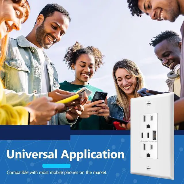 Alt view image 7 of 7 - LIDER 5.0A 25W USB Wall Outlet, Duplex Tamper-Resistant Receptacle, USB Type-A, 2 USB Type-C Charging Ports, Interchangeable Face Cover, Modern Upgrade, UL Listed, Wall Plate Included, White