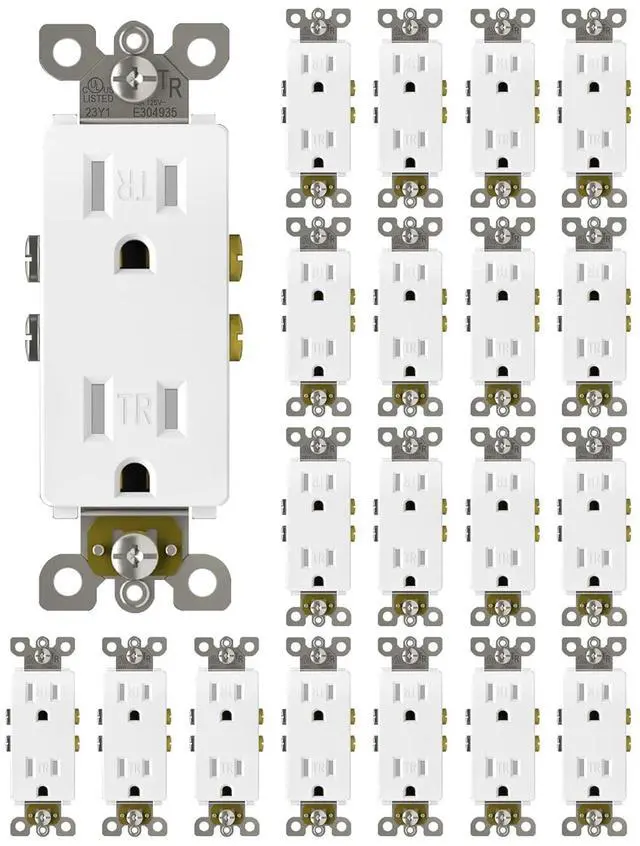 Main image of ThunderWay 20-Pack of Tamper-Resistant Decorator Wall Receptacles, UL Listed, Residential Grade, Self-Grounding, 2-Pole, 15A 125V, 1875W, White