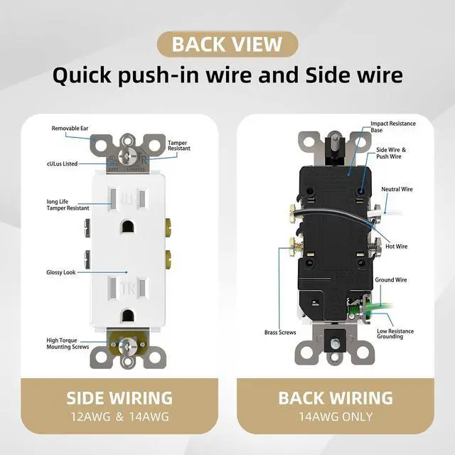 Alt view image 3 of 6 - ThunderWay 20-Pack of Tamper-Resistant Decorator Wall Receptacles, UL Listed, Residential Grade, Self-Grounding, 2-Pole, 15A 125V, 1875W, White