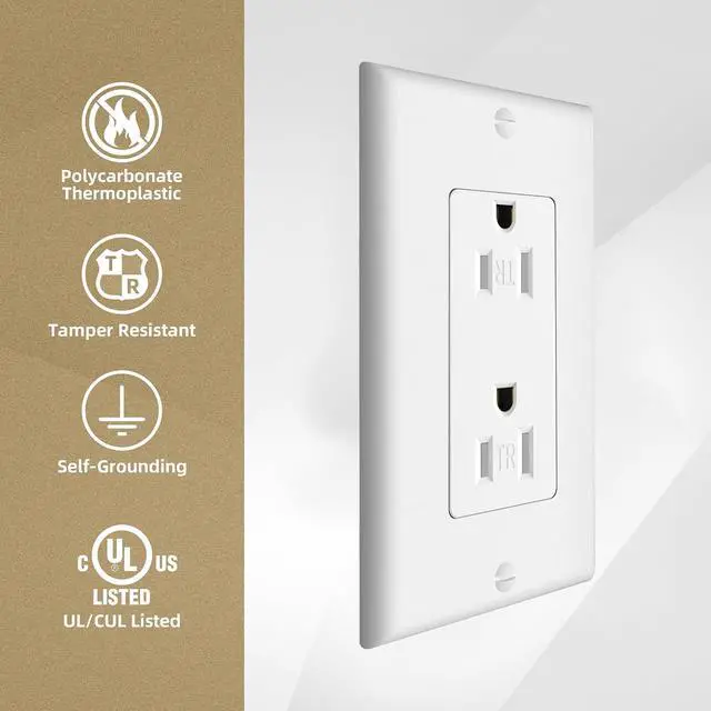 Alt view image 4 of 6 - ThunderWay 20-Pack of Tamper-Resistant Decorator Wall Receptacles, UL Listed, Residential Grade, Self-Grounding, 2-Pole, 15A 125V, 1875W, White