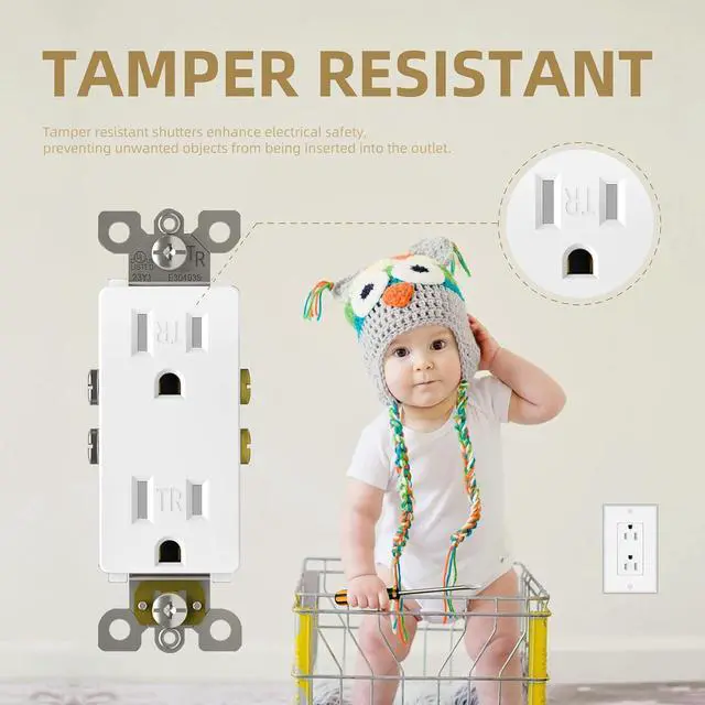 Alt view image 5 of 6 - ThunderWay 20-Pack of Tamper-Resistant Decorator Wall Receptacles, UL Listed, Residential Grade, Self-Grounding, 2-Pole, 15A 125V, 1875W, White