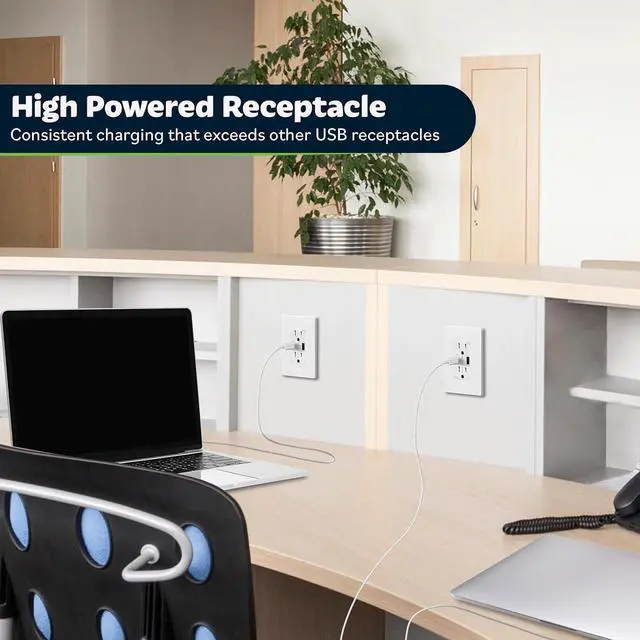 Alt view image 6 of 7 - TOPGREENER GaN PD USB Outlet, Type C Wall Outlet Up to 65W Power Delivery, 15Amp Ultra-Speed USB C Outlet, Tamper-Resistant Receptacles for Laptops, Tablets, Smartphones, TU215PD60AC-W, White