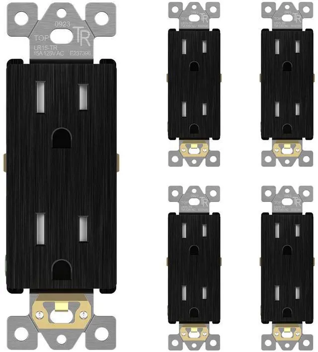 Main image of LIDER Brushed Finish Decorator Receptacle, Child Safe Tamper-Resistant Wall Outlet, Residential Grade, Self-Grounding, 15A 125V, UL Listed, Brushed Black, 5 Pack