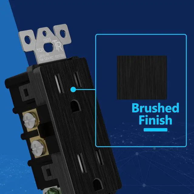 Alt view image 2 of 7 - LIDER Brushed Finish Decorator Receptacle, Child Safe Tamper-Resistant Wall Outlet, Residential Grade, Self-Grounding, 15A 125V, UL Listed, Brushed Black, 5 Pack