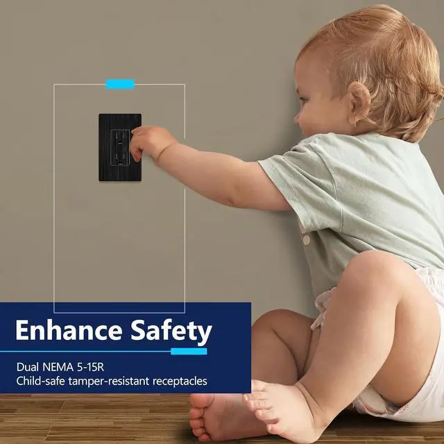 Alt view image 3 of 7 - LIDER Brushed Finish Decorator Receptacle, Child Safe Tamper-Resistant Wall Outlet, Residential Grade, Self-Grounding, 15A 125V, UL Listed, Brushed Black, 5 Pack