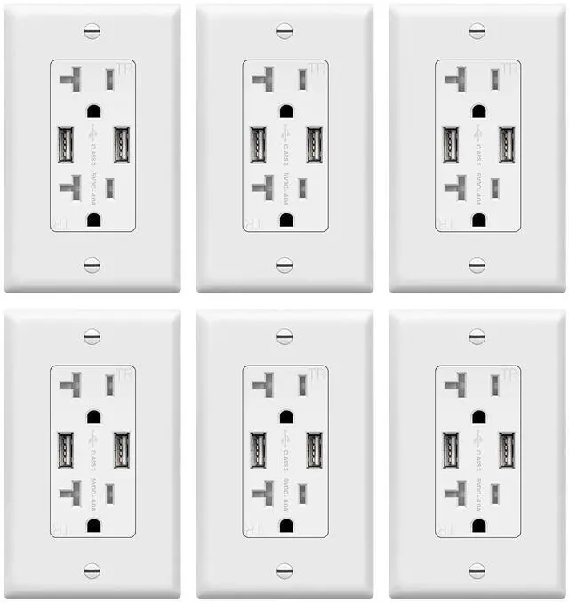 Main image of TOPGREENER 4A High Speed USB Wall Outlet Charger, 20Amp Tamper-Resistant Receptacle Plug, Charging Power Outlet with USB Port, UL Listed, TU2204A-6PCS, White, 6 Pack
