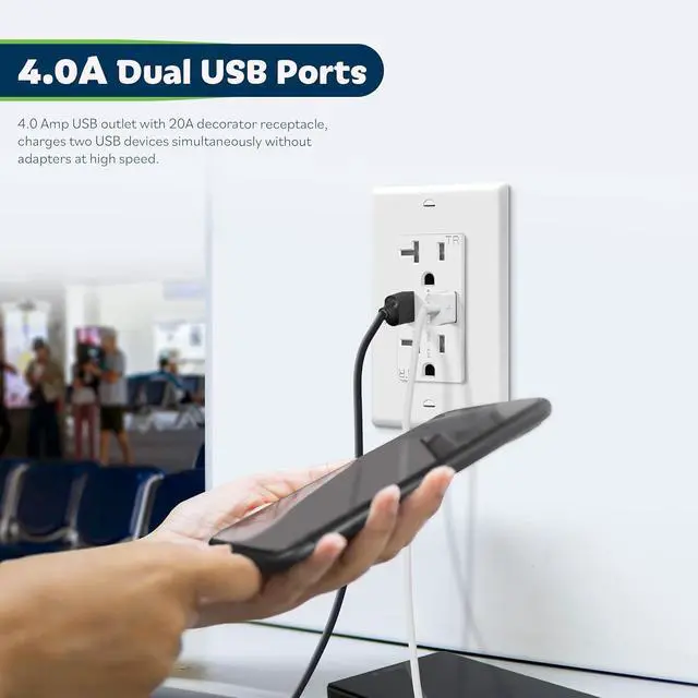 Alt view image 3 of 7 - TOPGREENER 4A High Speed USB Wall Outlet Charger, 20Amp Tamper-Resistant Receptacle Plug, Charging Power Outlet with USB Port, UL Listed, TU2204A-6PCS, White, 6 Pack