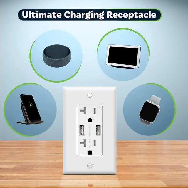 Alt view image 5 of 7 - TOPGREENER 4A High Speed USB Wall Outlet Charger, 20Amp Tamper-Resistant Receptacle Plug, Charging Power Outlet with USB Port, UL Listed, TU2204A-6PCS, White, 6 Pack