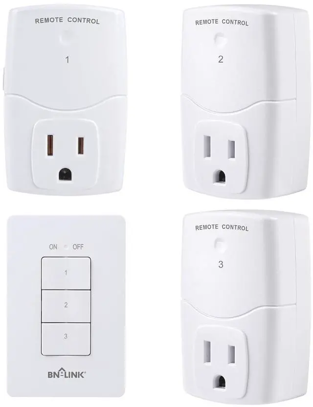 Main image of BN-LINK Mini Wireless Wall-Mounting Remote Control Outlet Switch Power Plug in for Household Appliances, Wireless Remote Light Switch, LED Light Bulbs, White (3 Outlets)