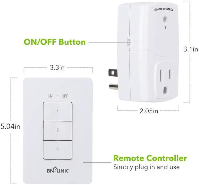 Alt view image 2 of 7 - BN-LINK Mini Wireless Wall-Mounting Remote Control Outlet Switch Power Plug in for Household Appliances, Wireless Remote Light Switch, LED Light Bulbs, White (3 Outlets)