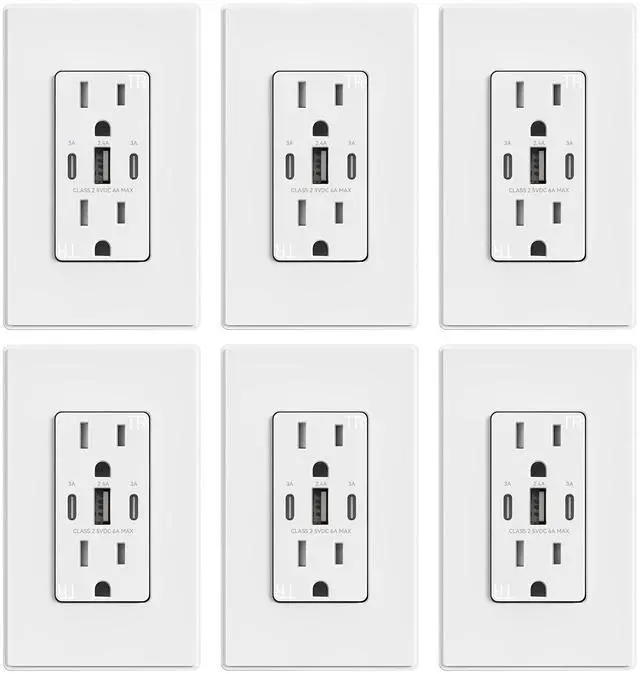 Main image of ELEGRP USB Outlets, 30W 6.0 Amp USB C Outlets Receptacles, 3-Port USB Wall Outlet, 15 Amp Tamper-Resistant Outlet with 2 USB C Ports, UL Listed, Screwless Wall Plate Included, 6 Pack, Matte White