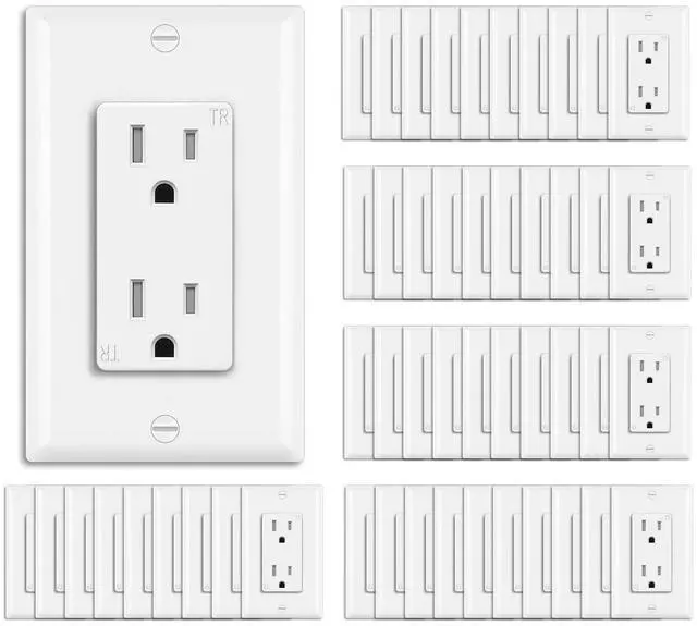 Main image of BESTTEN 50 Pack 15 Amp Decorator Receptacle Outlet, Tamper Resistant Receptacle, Residential and Commercial Use, Wallplate Included, 15A/125V/1875W, UL Listed, White