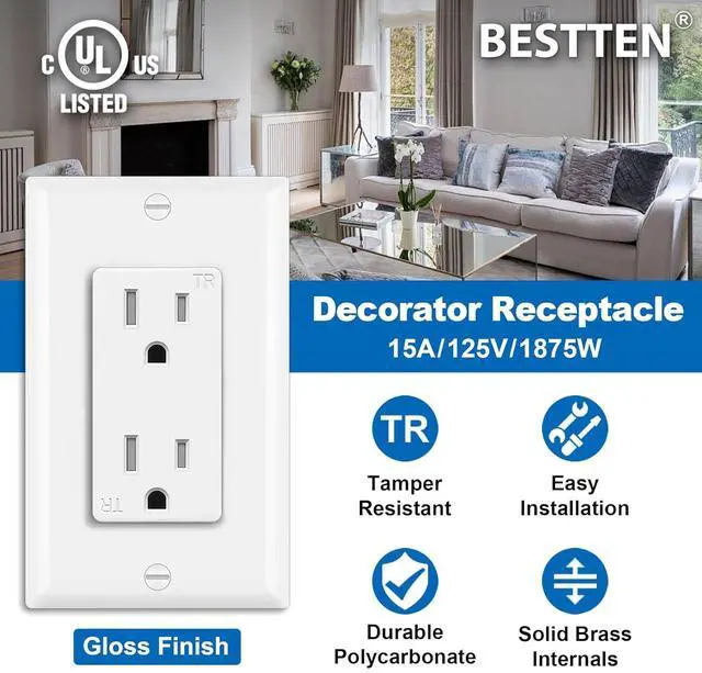 Alt view image 2 of 7 - BESTTEN 50 Pack 15 Amp Decorator Receptacle Outlet, Tamper Resistant Receptacle, Residential and Commercial Use, Wallplate Included, 15A/125V/1875W, UL Listed, White