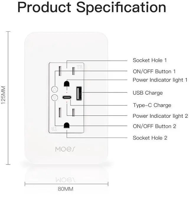 Alt view image 7 of 7 - MOES Smart USB Wall Outlet Receptacle with Type-C & Type-A Charger, 2.4GHz Wi-Fi in-Wall Plug Socket, Remote Individual Control On/Off 15Amp, NO Hub Required