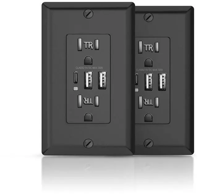 Main image of Black USB Outlet, 15 Amp TR Receptacle, 30W 6.0A Charging Electrical Socket with 3-Port, USB C & USB A Port, UL Listed, Wall Plate Included, 2 Pack