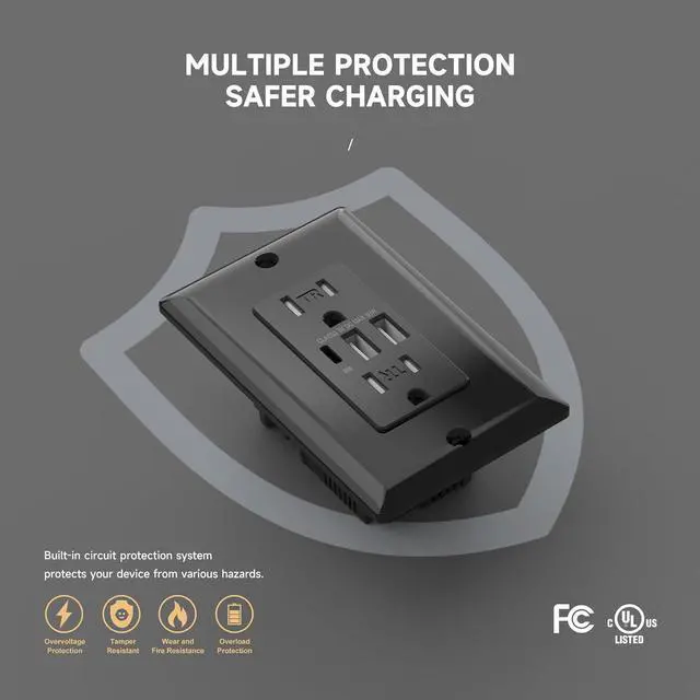 Alt view image 2 of 7 - Black USB Outlet, 15 Amp TR Receptacle, 30W 6.0A Charging Electrical Socket with 3-Port, USB C & USB A Port, UL Listed, Wall Plate Included, 2 Pack