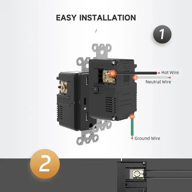 Alt view image 3 of 7 - Black USB Outlet, 15 Amp TR Receptacle, 30W 6.0A Charging Electrical Socket with 3-Port, USB C & USB A Port, UL Listed, Wall Plate Included, 2 Pack
