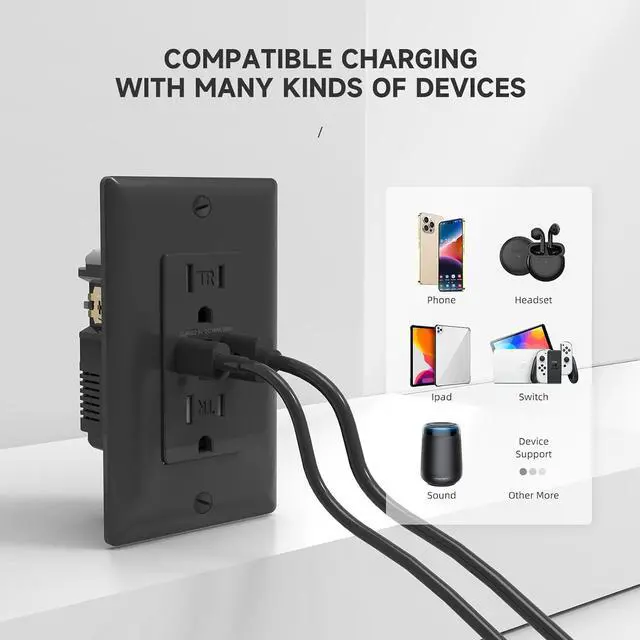 Alt view image 4 of 7 - Black USB Outlet, 15 Amp TR Receptacle, 30W 6.0A Charging Electrical Socket with 3-Port, USB C & USB A Port, UL Listed, Wall Plate Included, 2 Pack
