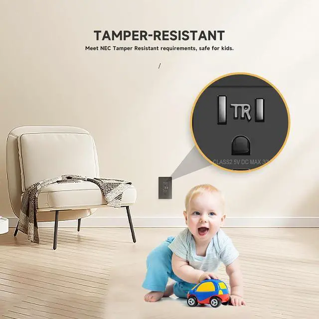 Alt view image 6 of 7 - Black USB Outlet, 15 Amp TR Receptacle, 30W 6.0A Charging Electrical Socket with 3-Port, USB C & USB A Port, UL Listed, Wall Plate Included, 2 Pack