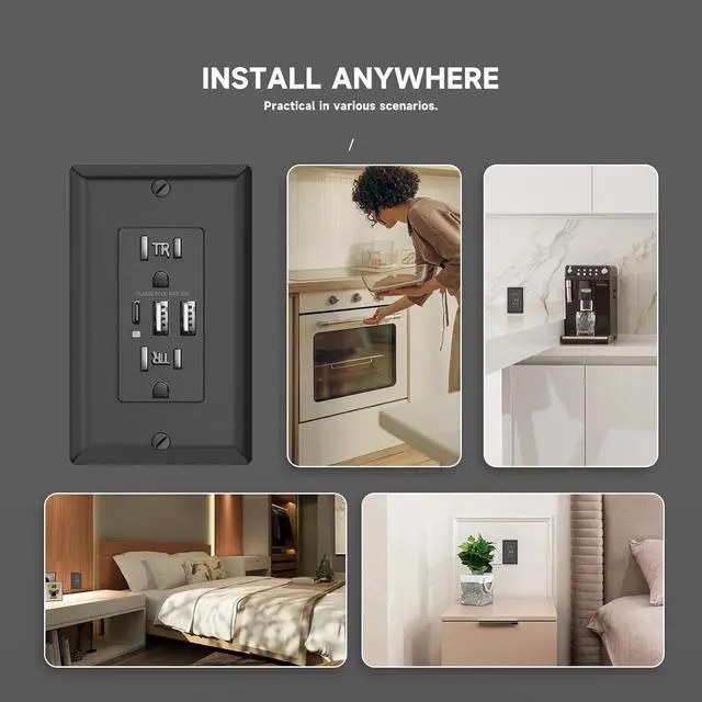 Alt view image 7 of 7 - Black USB Outlet, 15 Amp TR Receptacle, 30W 6.0A Charging Electrical Socket with 3-Port, USB C & USB A Port, UL Listed, Wall Plate Included, 2 Pack