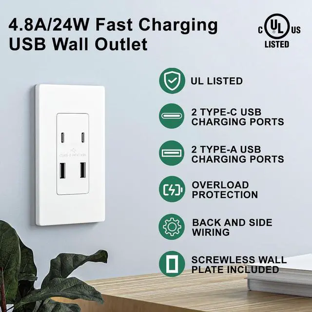 Alt view image 2 of 7 - USB Outlet with 4.8A/24W Type A & Type C USB Charging Ports, High Charging Power Electrical OutletUL Listed, Screwless Wall Plate Included - White