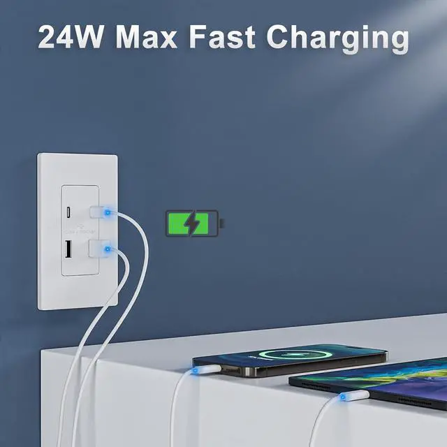 Alt view image 7 of 7 - USB Outlet with 4.8A/24W Type A & Type C USB Charging Ports, High Charging Power Electrical OutletUL Listed, Screwless Wall Plate Included - White