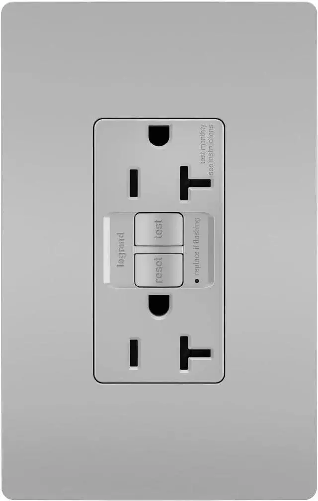 Main image of Legrand Radiant 2097GRYCCD12 20 Amp GFCI Self Test Decorator Duplex Outlet, Gray with Screwless Wall Plate (1 Count)