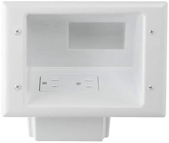 Main image of DATA COMM 45-0071-WH Recessed Low Voltage Cable Plate with Built-In Duplex Receptacle Outlet, Easy To Install - Ideal for Home Theater, TV & Power Cable Management, Mid-Size, White