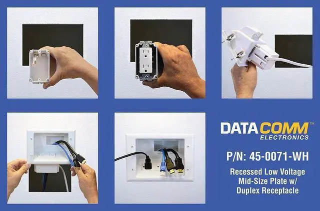 Alt view image 4 of 6 - DATA COMM 45-0071-WH Recessed Low Voltage Cable Plate with Built-In Duplex Receptacle Outlet, Easy To Install - Ideal for Home Theater, TV & Power Cable Management, Mid-Size, White