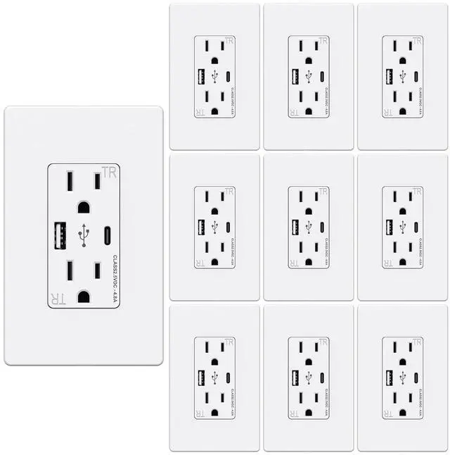 Main image of WEBANG USB C Outlet, 25W 4.8 Amp 2-Ports USB Receptacle, 15A Tamper Resistant Wall Outlet with USB C Ports, Screwless Wall Plate Included, ETL Listed, Matte White, 10 Pack
