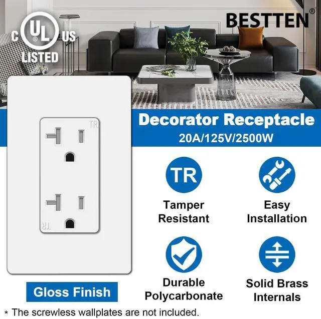Alt view image 2 of 7 - BESTTEN 20 Amp Decorator Receptacle Outlet, Tamper-Resistant (TR) Electrical Outlet, Residential & Commercial Use, 20A/125V/2500W, UL Listed, 20 Pack, White