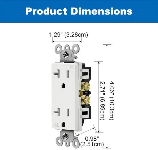 Alt view image 6 of 7 - BESTTEN 20 Amp Decorator Receptacle Outlet, Tamper-Resistant (TR) Electrical Outlet, Residential & Commercial Use, 20A/125V/2500W, UL Listed, 20 Pack, White