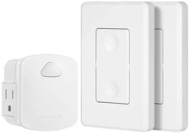 Main image of DEWENWILS Wireless Remote Wall Switch and Outlet, No Wiring Remote Control Outlet Light Switch, Expandable, 15A/1875W, 100ft RF Range, Compact Side Plug, ETL Listed (1 Outlet and 2 Remotes)