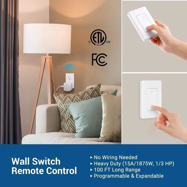 Alt view image 2 of 7 - DEWENWILS Wireless Remote Wall Switch and Outlet, No Wiring Remote Control Outlet Light Switch, Expandable, 15A/1875W, 100ft RF Range, Compact Side Plug, ETL Listed (1 Outlet and 2 Remotes)